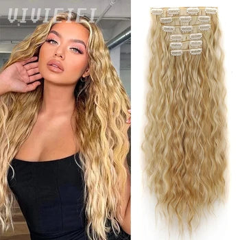 Sintético Natural Ondulado Sem Clipe Linha de Peixe Extensões de Cabelo Invisíveis Cor Mista Loiro Preto Artificial Falso Cabelo Peça Para Mulheres