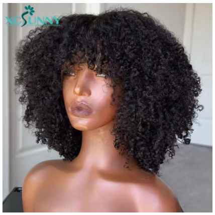 Kinky encaracolado bang peruca de cabelo humano curto encaracolado perucas de cabelo humano com franja completa máquina feita peruca sem cola cabelo natural xcsunny