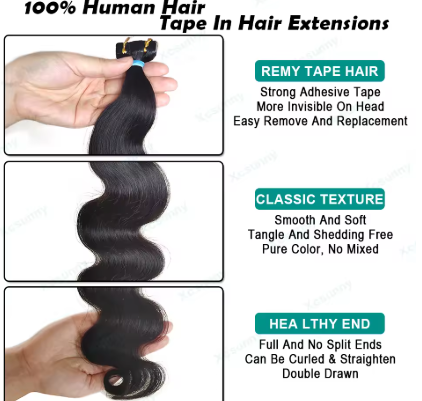 Ins extensões do cabelo humano, onda do corpo, trama da pele, fita birmanesa em extensões invisíveis do cabelo, dobro tirado, 16-26in