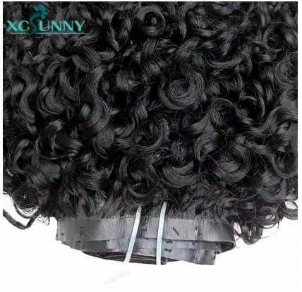 Seamless PU Clip em extensões de cabelo, Jerry Curly, Clip Ins cabelo humano, preto natural, trama clássica