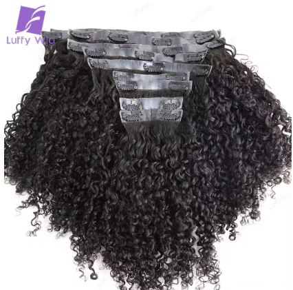 Afro Kinky Curly Clip-In extensões de cabelo humano, sem costura Pu, pele birmanesa trama Clip Ins, 100g, 7pcs, 120g, 8pcs