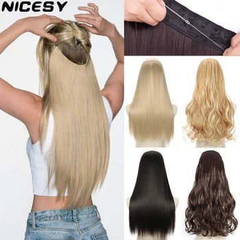 Sintético Natural Ondulado Sem Clipe Linha de Peixe Extensões de Cabelo Invisíveis Cor Mista Loiro Preto Artificial Falso Cabelo Peça Para Mulheres